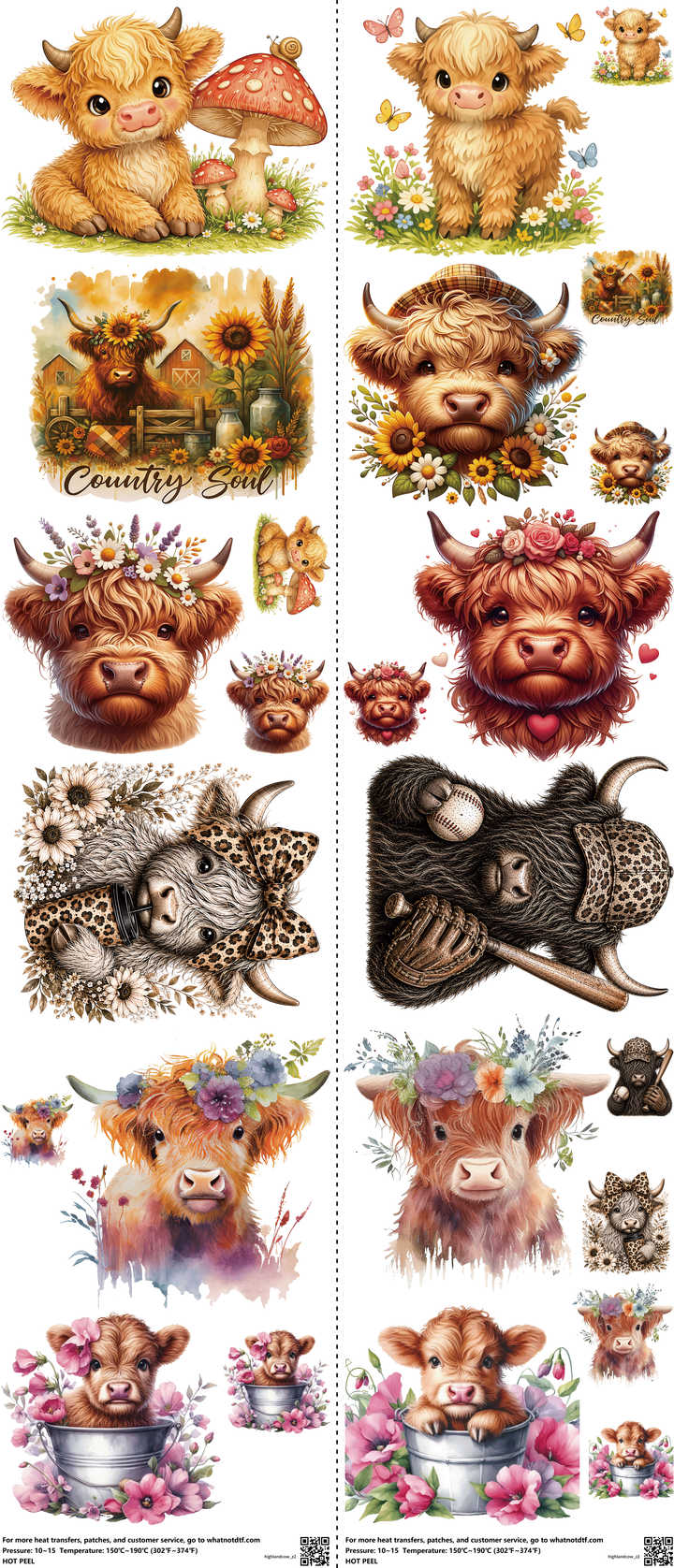 Highlandcow mixed-style heat transfer design set on a 23.5 by 53 inch sheet