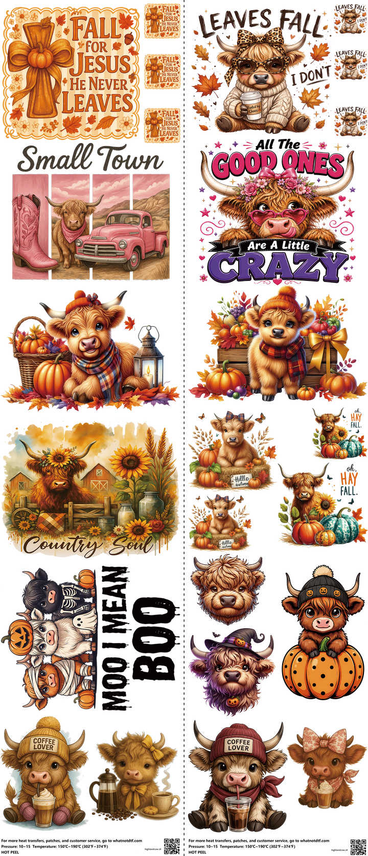 Highlandcow mixed-style heat transfer design set on a 23.5 by 53 inch sheet