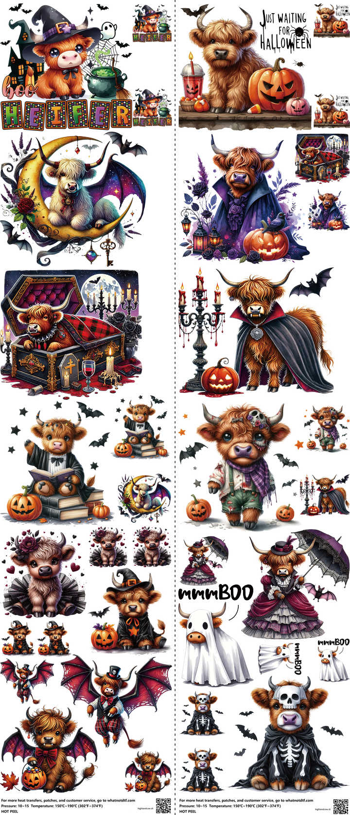Highlandcow mixed-style heat transfer design set on a 23.5 by 53 inch sheet
