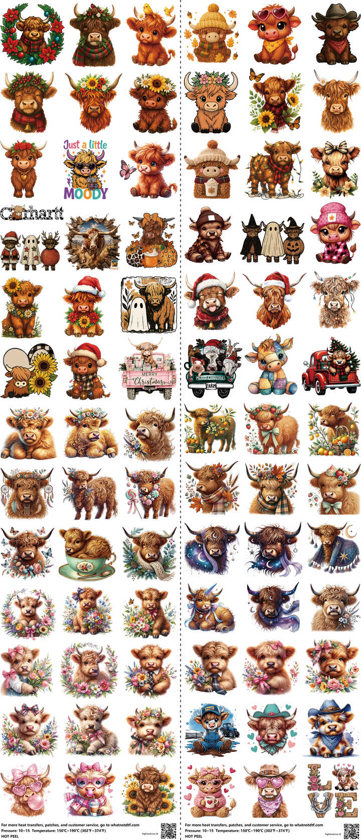Highlandcow mixed-style heat transfer design set on a 23.5 by 53 inch sheet