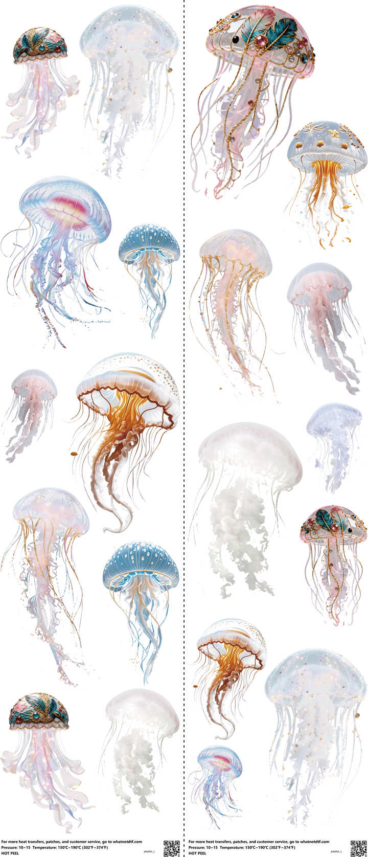 Jellyfish mixed-style heat transfer design set on a 23.5 by 53 inch sheet
