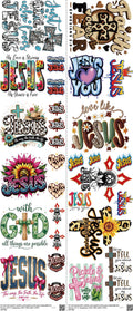 Jesus mixed-style heat transfer design set on a 23.5 by 53 inch sheet