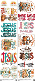Jesus mixed-style heat transfer design set on a 23.5 by 53 inch sheet