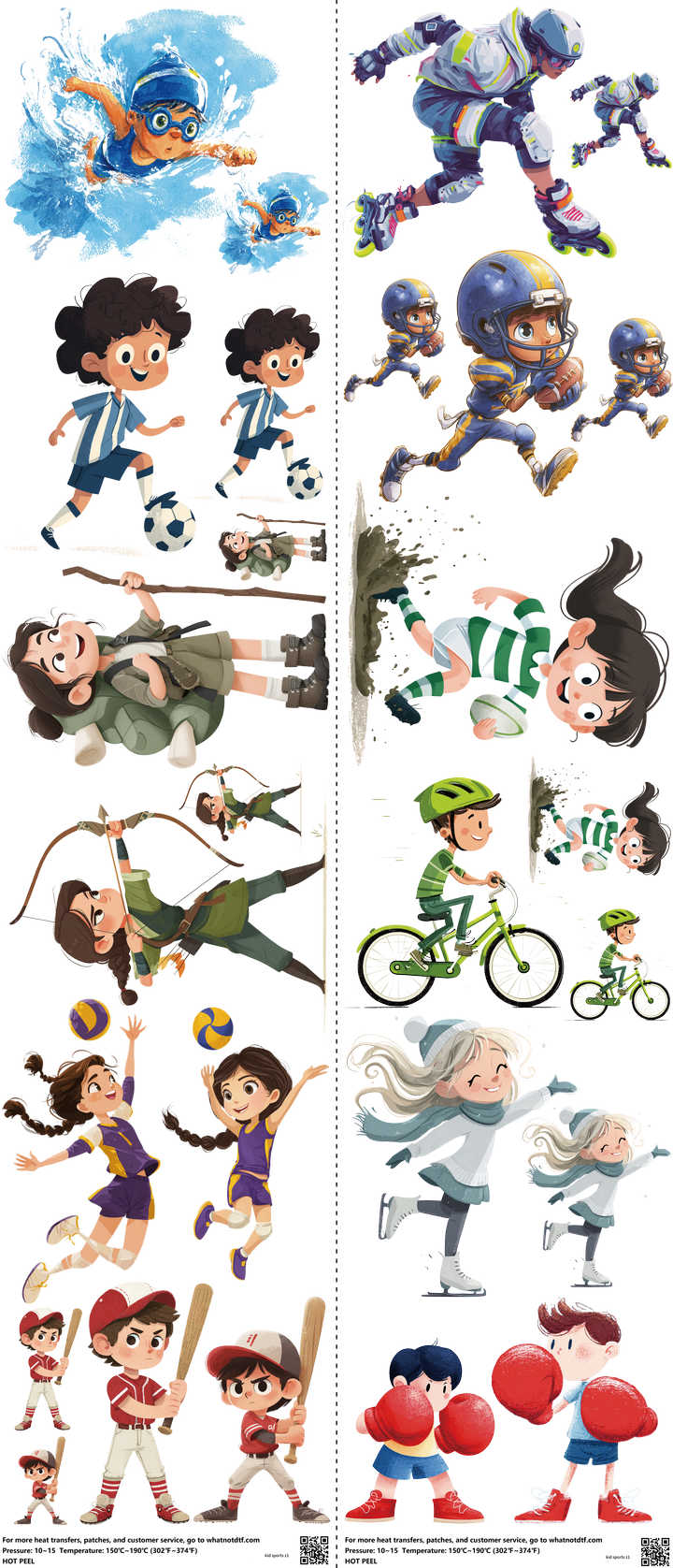 Kid Sports mixed-style heat transfer design set on a 23.5 by 53 inch sheet