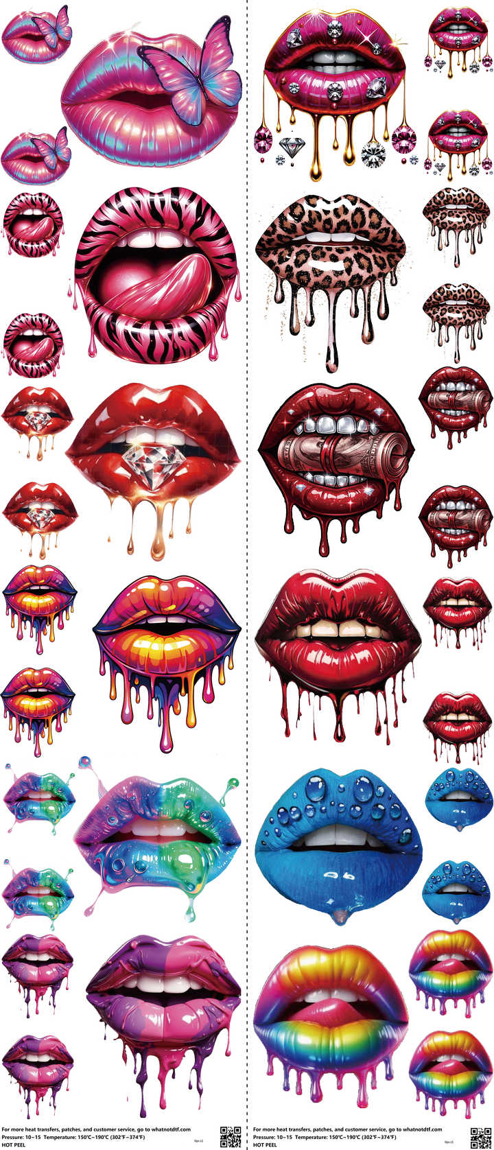 Lips mixed-style heat transfer design set on a 23.5 by 53 inch sheet