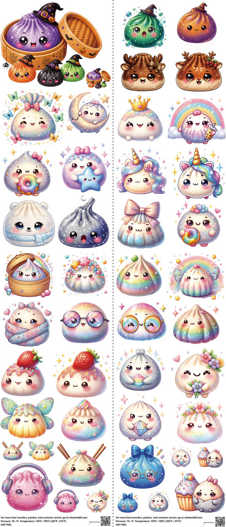 Mega Dumpling mixed-style heat transfer design set on a 23.5 by 53 inch sheet