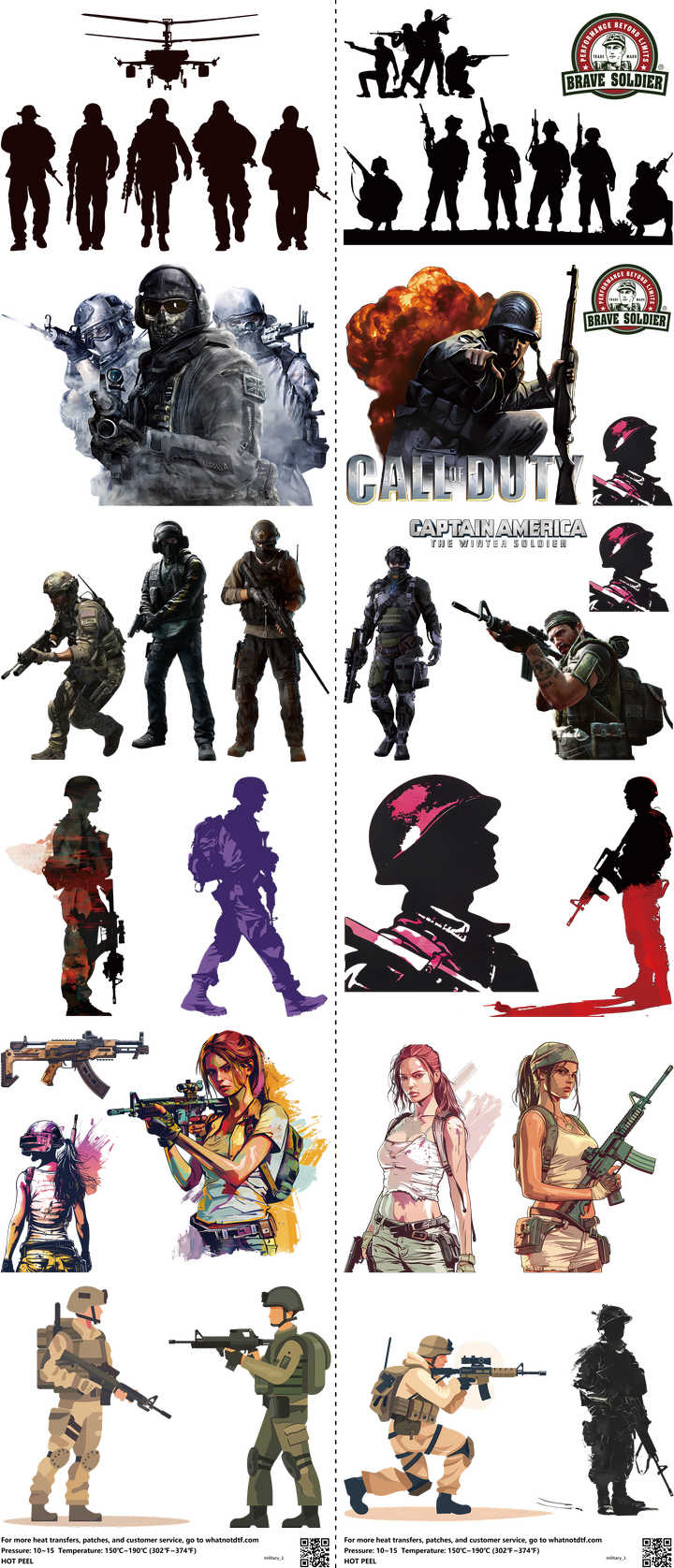 Military mixed-style heat transfer design set on a 23.5 by 53 inch sheet