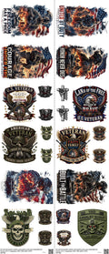 Military mixed-style heat transfer design set on a 23.5 by 53 inch sheet