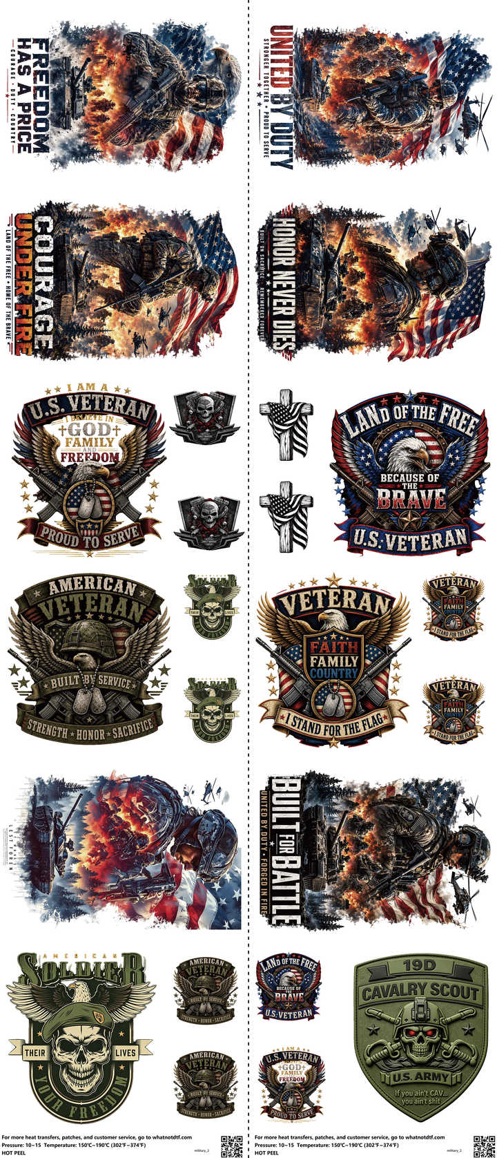 Military mixed-style heat transfer design set on a 23.5 by 53 inch sheet