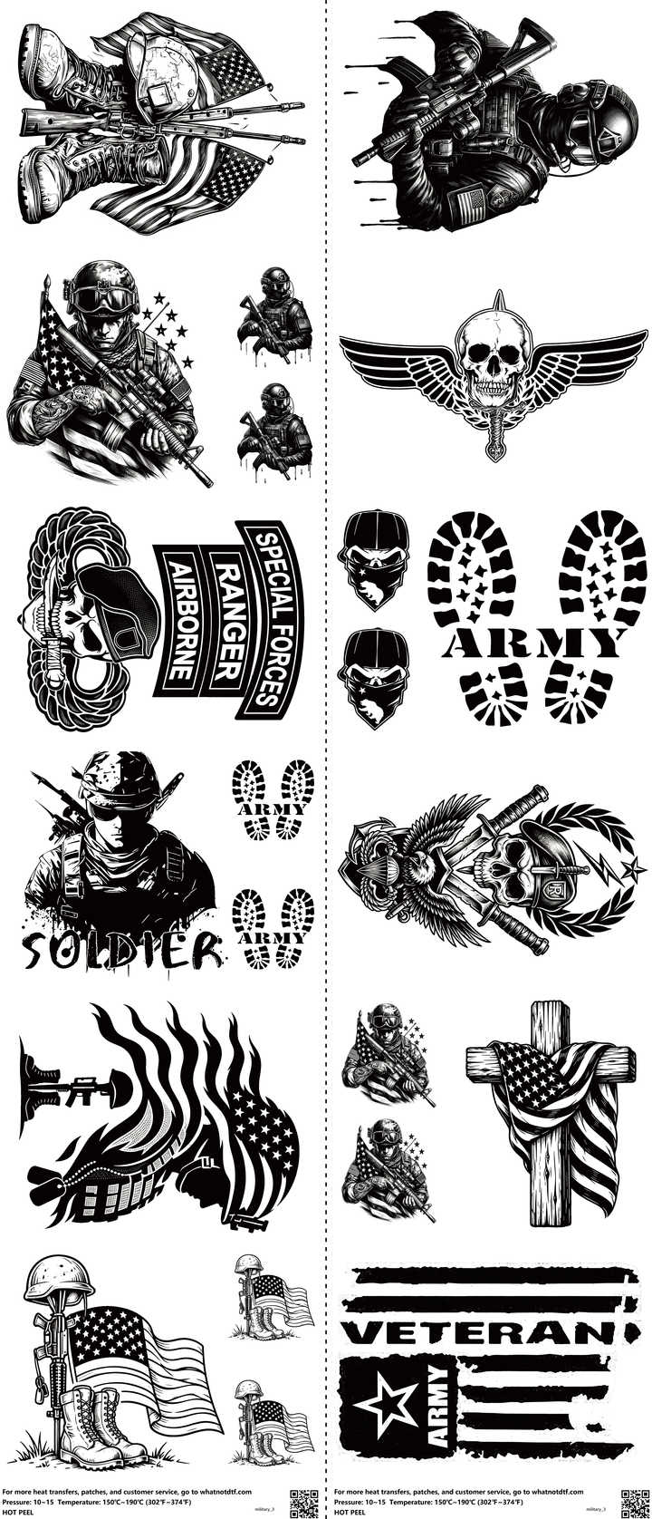 Military mixed-style heat transfer design set on a 23.5 by 53 inch sheet