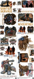 Military mixed-style heat transfer design set on a 23.5 by 53 inch sheet