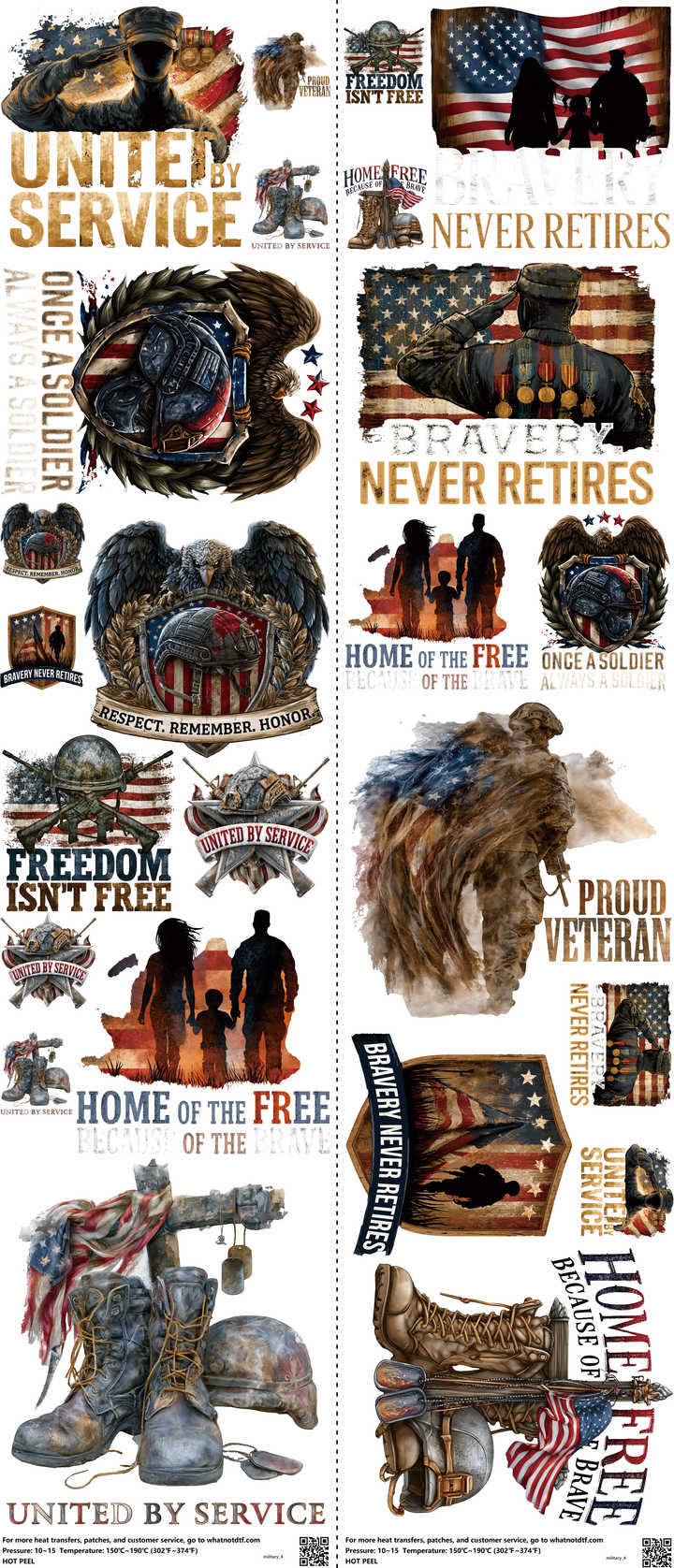 Military mixed-style heat transfer design set on a 23.5 by 53 inch sheet
