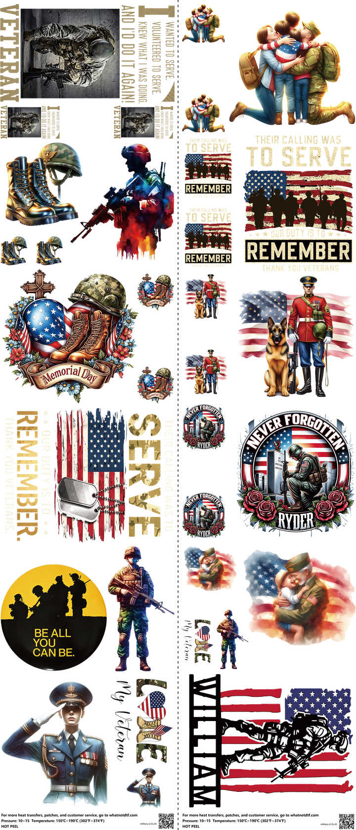 Military Z1 mixed-style heat transfer design set on a 23.5 by 53 inch sheet