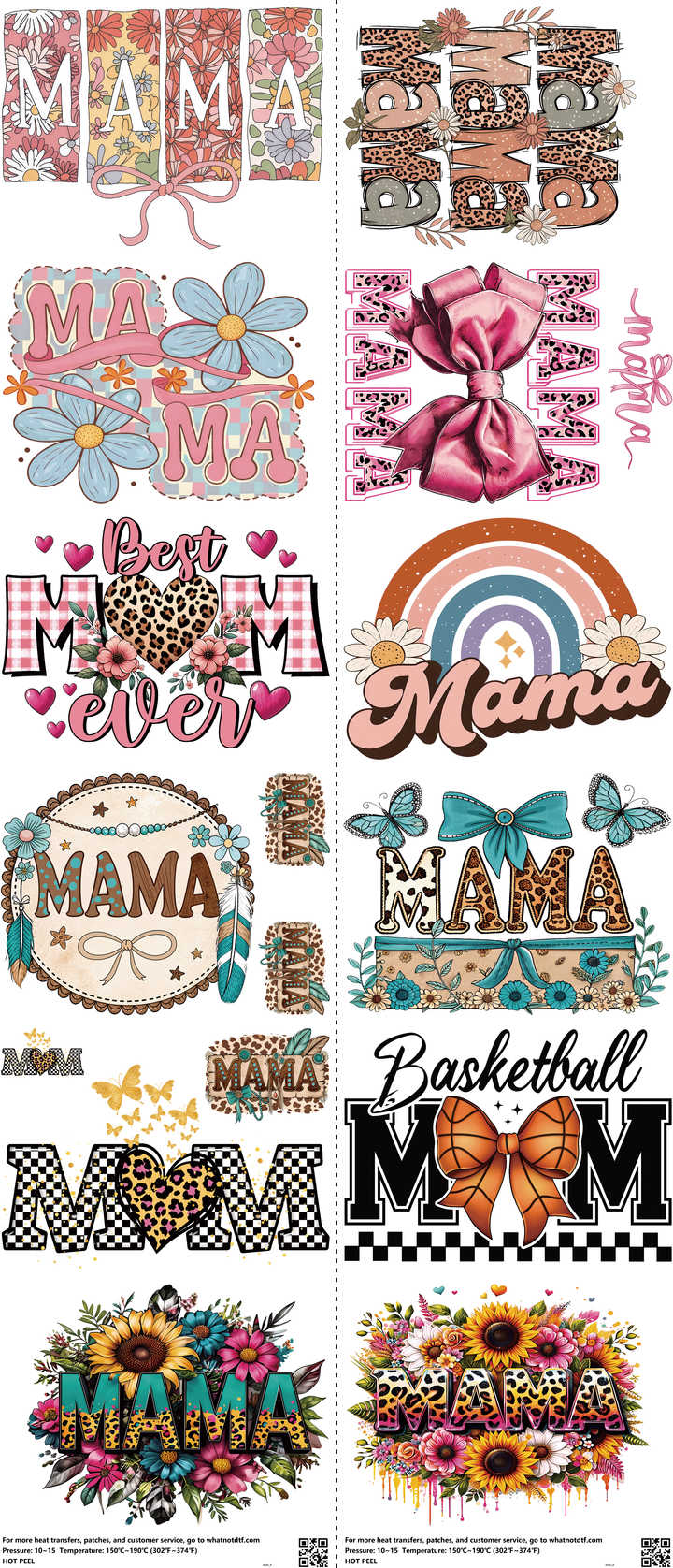 Mom mixed-style heat transfer design set on a 23.5 by 53 inch sheet