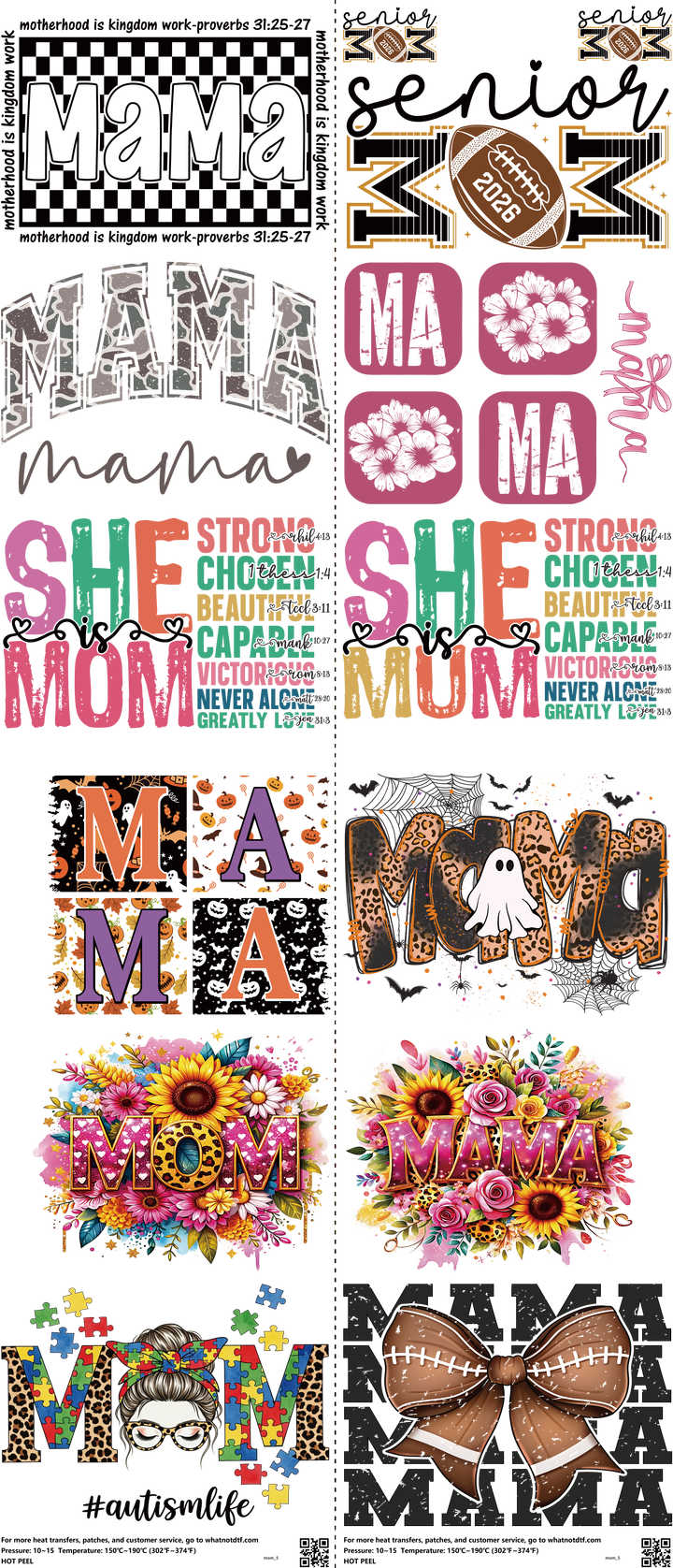 Mom mixed-style heat transfer design set on a 23.5 by 53 inch sheet