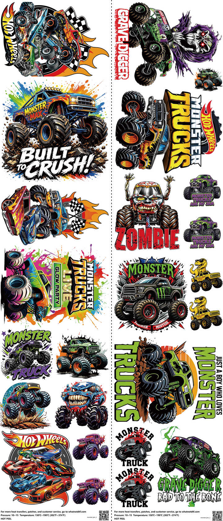Motorsports mixed-style heat transfer design set on a 23.5 by 53 inch sheet