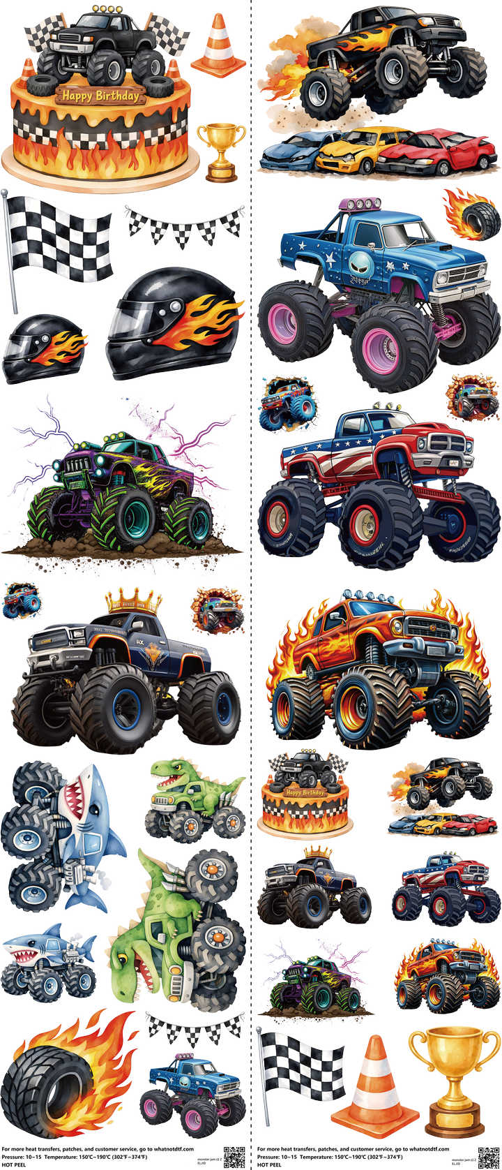 Motorsports mixed-style heat transfer design set on a 23.5 by 53 inch sheet