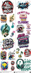 Music-Inspired Art mixed-style heat transfer design set on a 23.5 by 53 inch sheet