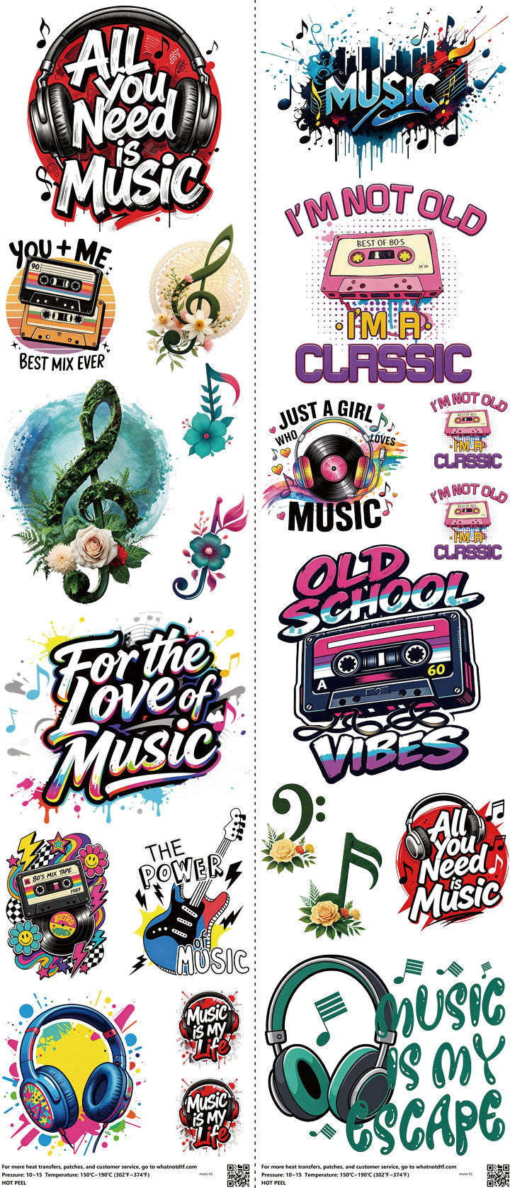 Music-Inspired Art mixed-style heat transfer design set on a 23.5 by 53 inch sheet
