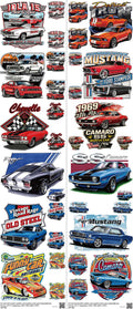 Motorsports mixed-style heat transfer design set on a 23.5 by 53 inch sheet