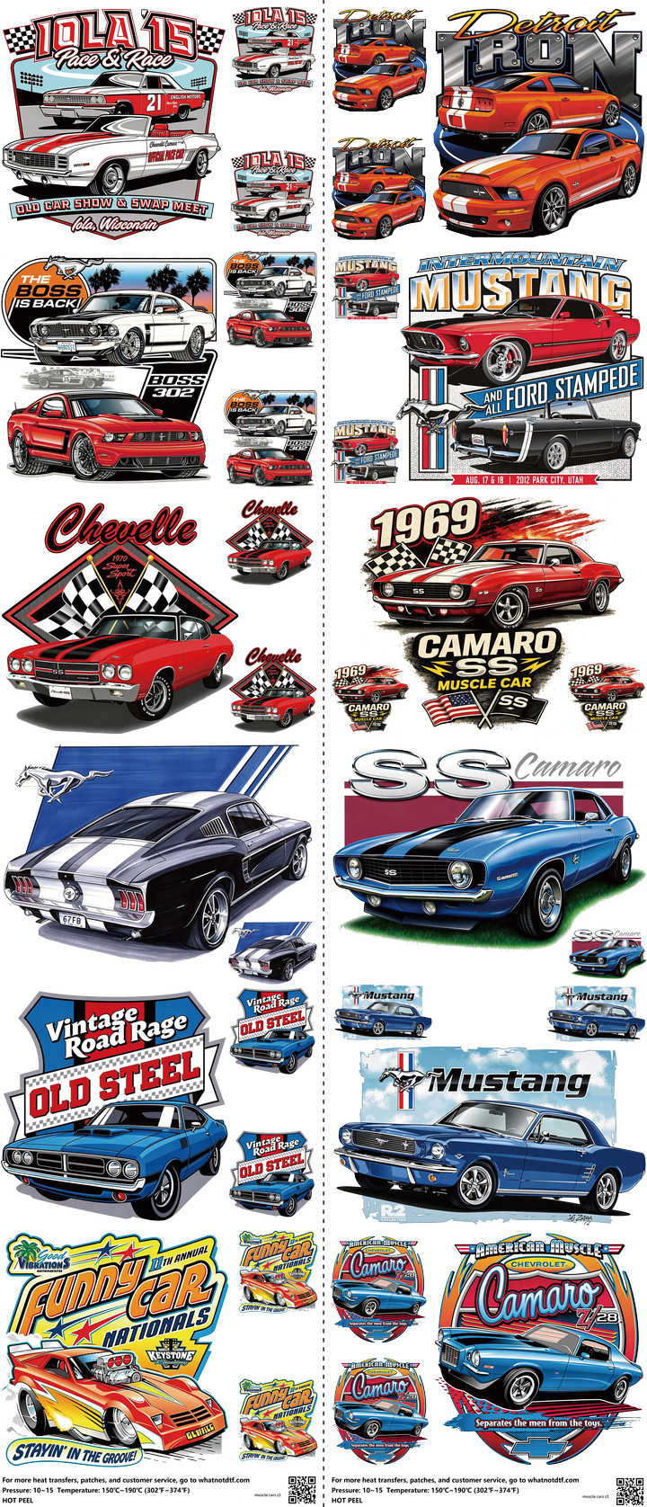 Motorsports mixed-style heat transfer design set on a 23.5 by 53 inch sheet