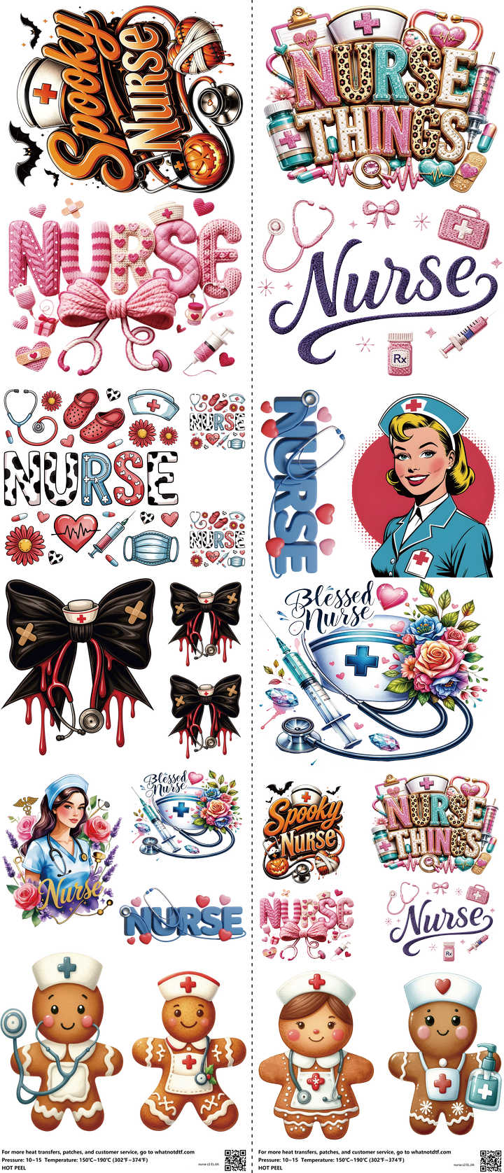 Nurse Z2 mixed-style heat transfer design set on a 23.5 by 53 inch sheet