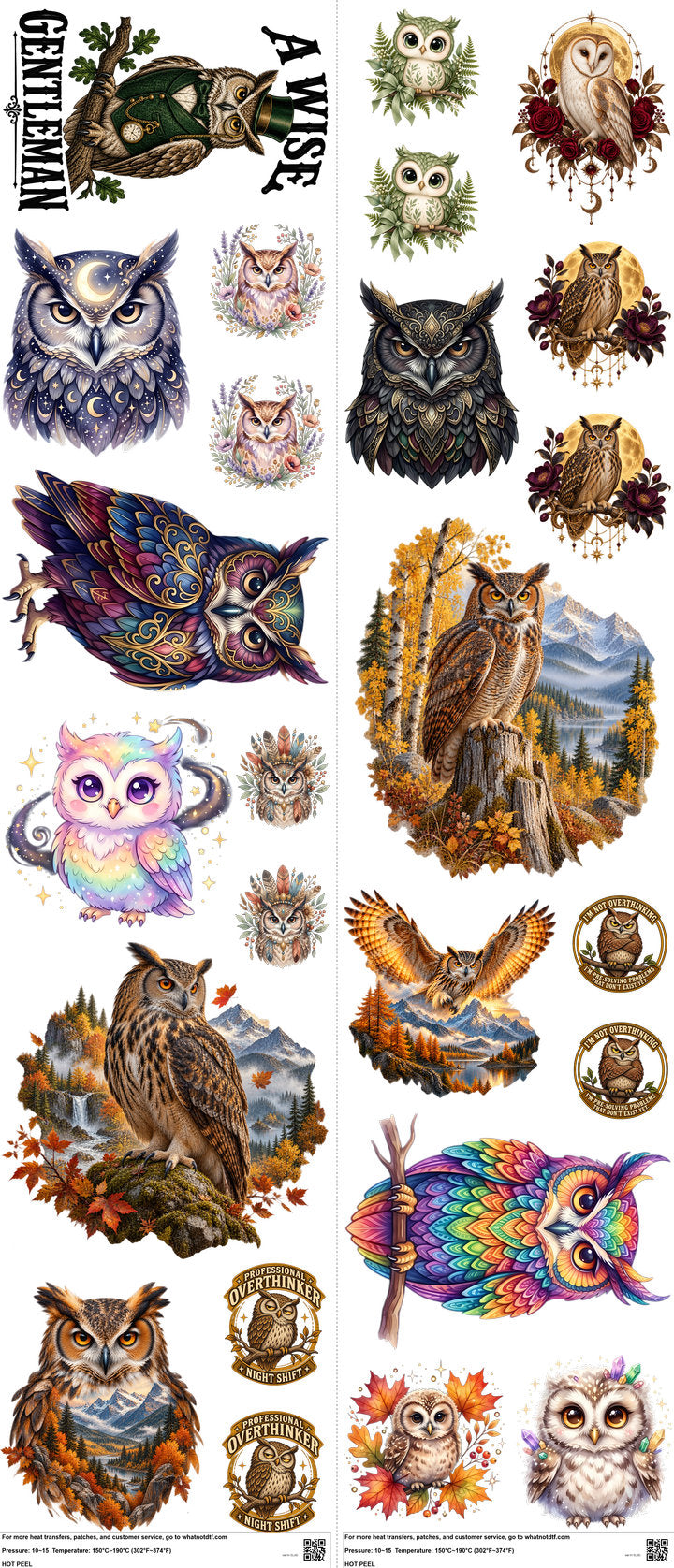 Owl H1 mixed-style heat transfer design set on a 23.5 by 53 inch sheet