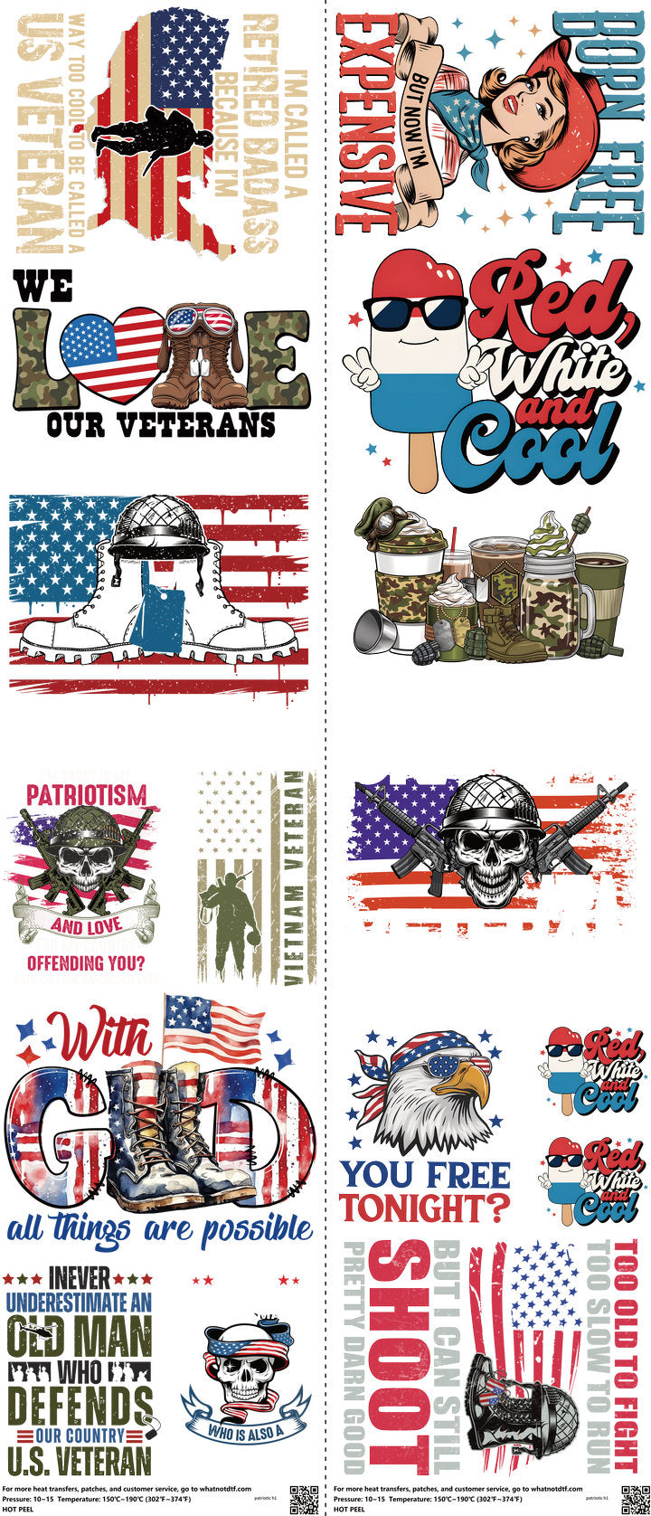 Patriotic mixed-style heat transfer design set on a 23.5 by 53 inch sheet