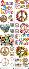 Peace and Love mixed-style heat transfer design set on a 23.5 by 53 inch sheet