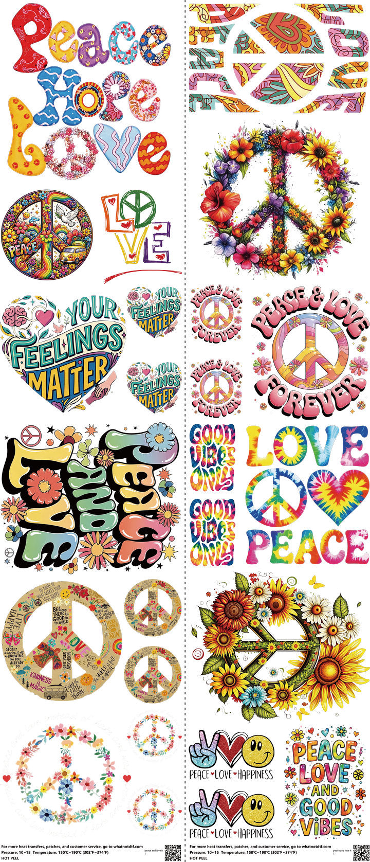 Peace and Love mixed-style heat transfer design set on a 23.5 by 53 inch sheet