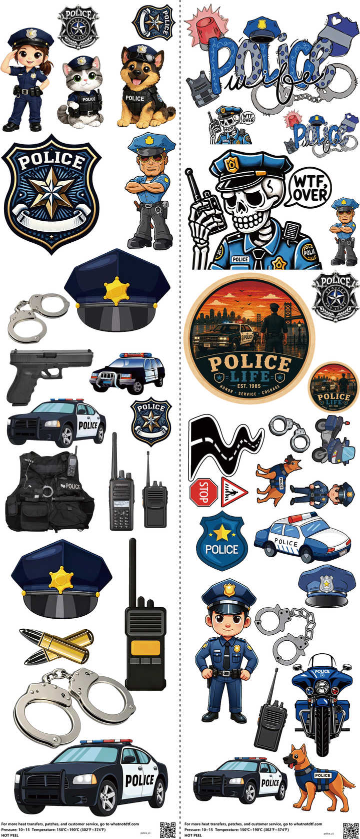 Police mixed-style heat transfer design set on a 23.5 by 53 inch sheet