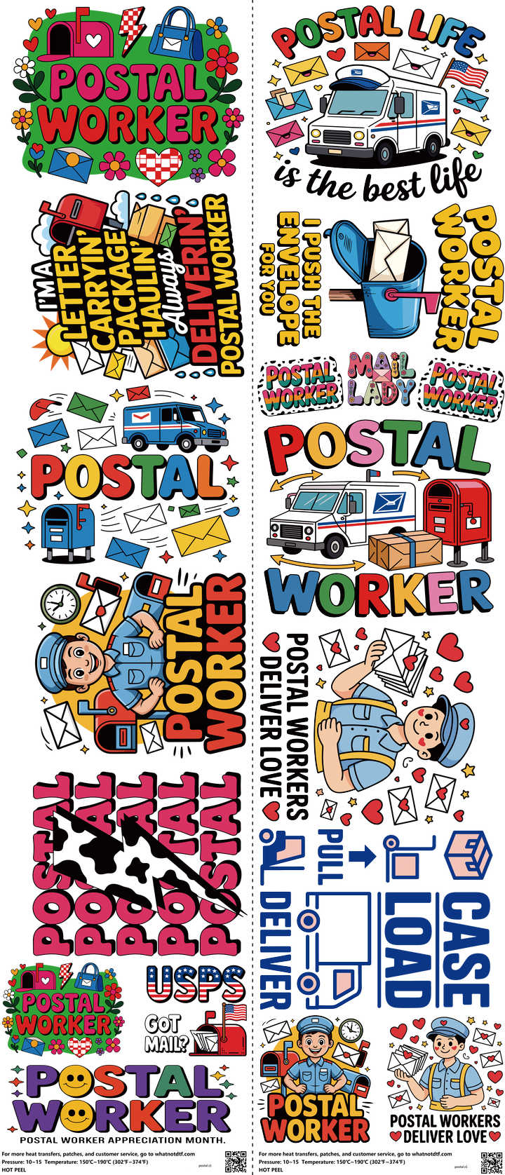 Postal mixed-style heat transfer design set on a 23.5 by 53 inch sheet