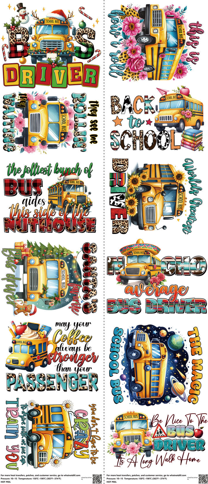 School Bus Driver mixed-style heat transfer design set on a 23.5 by 53 inch sheet