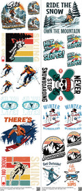 Skiing mixed-style heat transfer design set on a 23.5 by 53 inch sheet