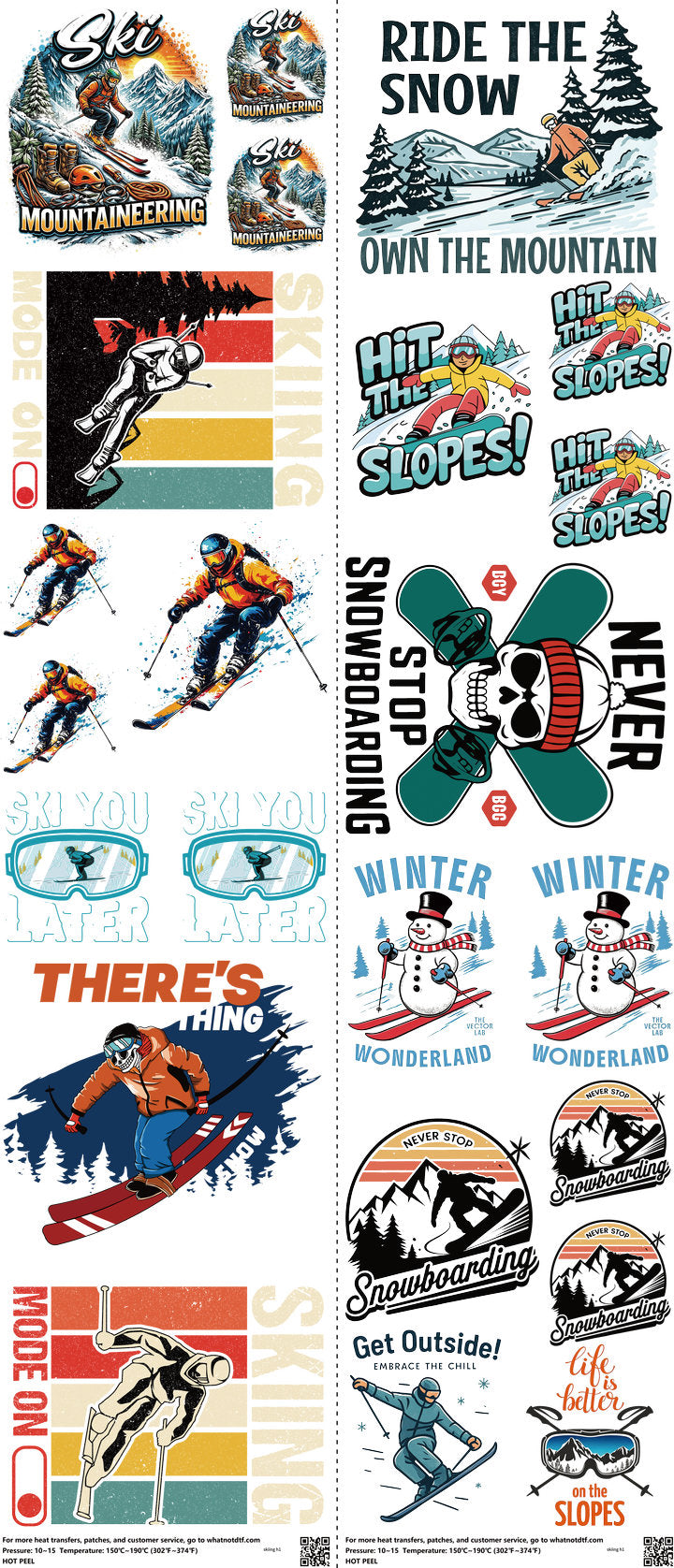 Skiing mixed-style heat transfer design set on a 23.5 by 53 inch sheet