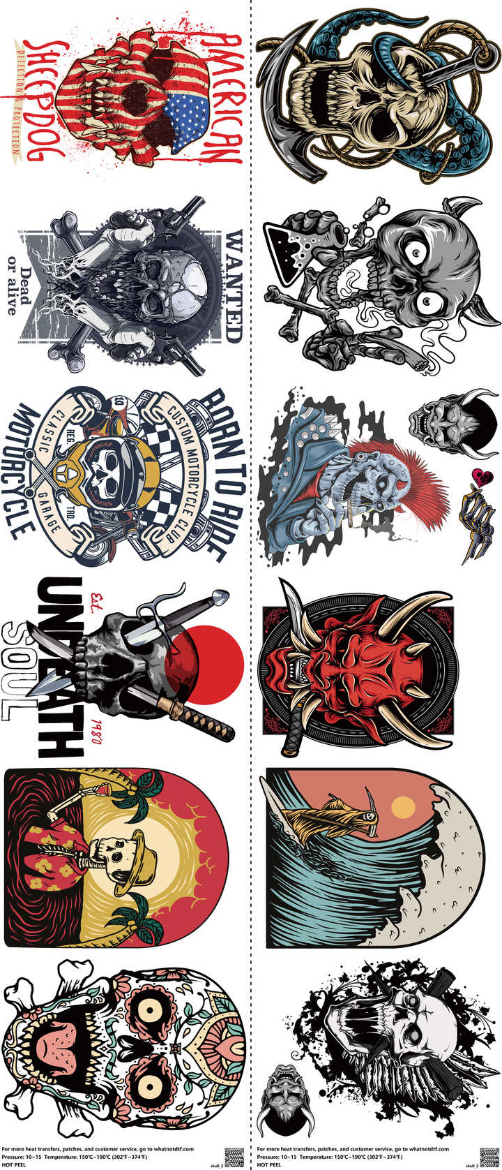 Skull mixed-style heat transfer design set on a 23.5 by 53 inch sheet