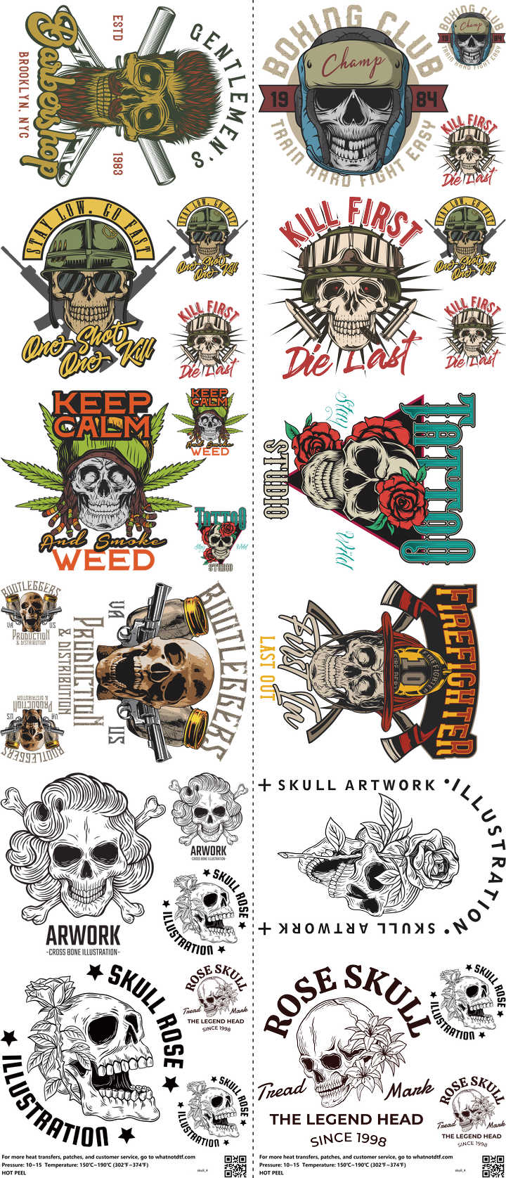 Skull mixed-style heat transfer design set on a 23.5 by 53 inch sheet