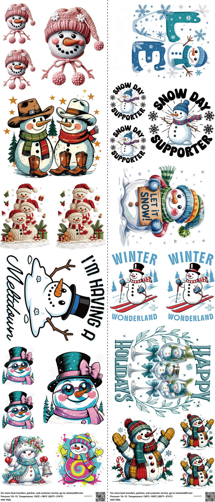 Snowman mixed-style heat transfer design set on a 23.5 by 53 inch sheet