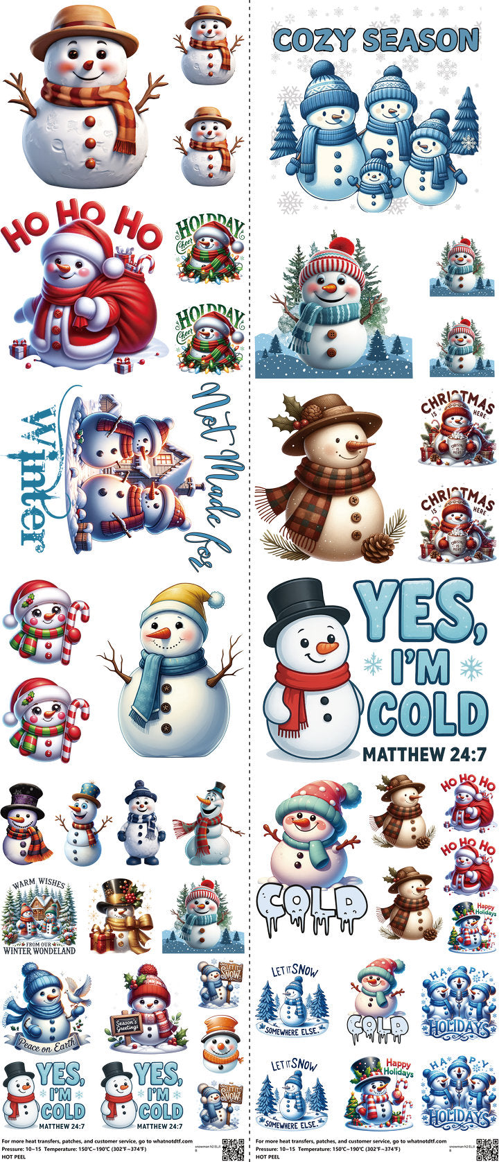 Snowman H2 mixed-style heat transfer design set on a 23.5 by 53 inch sheet