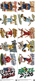 Soccer mixed-style heat transfer design set on a 23.5 by 53 inch sheet