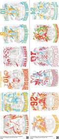 Soccer mixed-style heat transfer design set on a 23.5 by 53 inch sheet