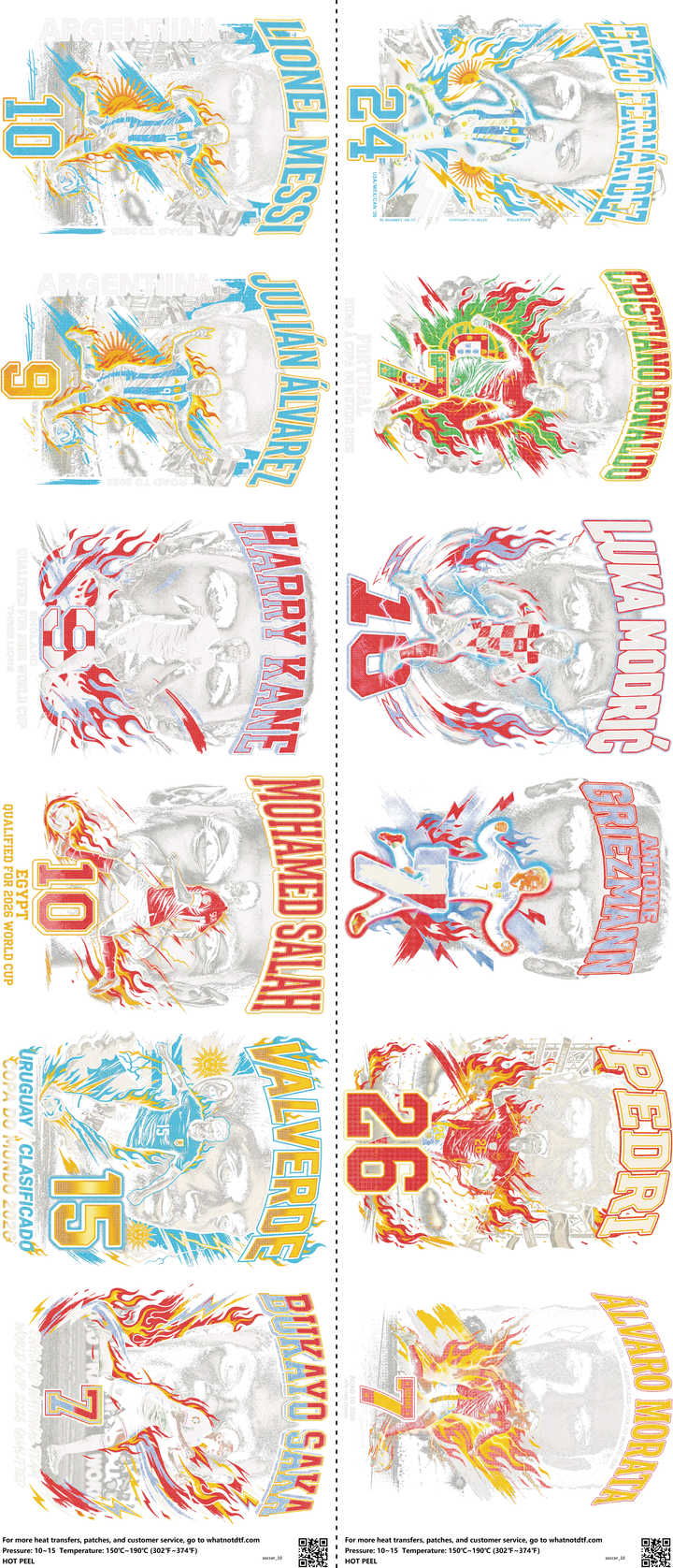 Soccer mixed-style heat transfer design set on a 23.5 by 53 inch sheet