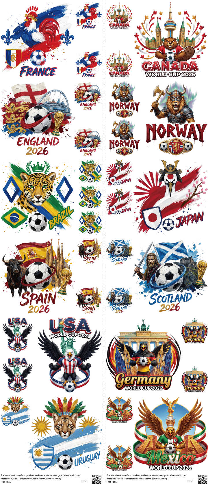 Soccer mixed-style heat transfer design set on a 23.5 by 53 inch sheet