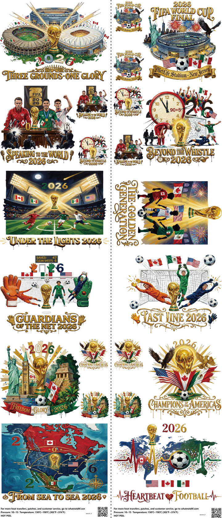 Soccer mixed-style heat transfer design set on a 23.5 by 53 inch sheet