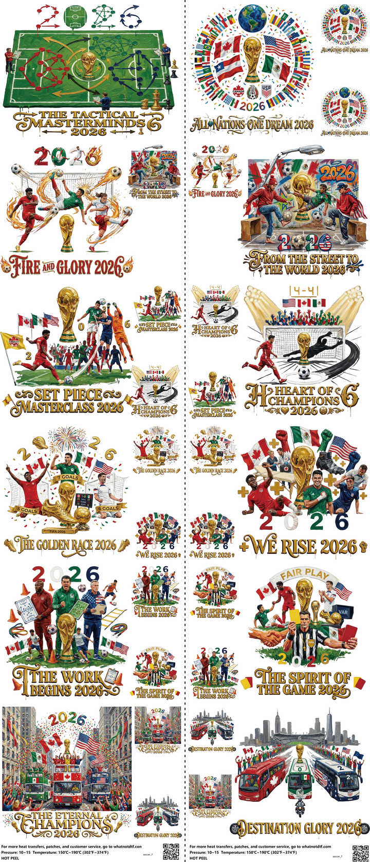 Soccer mixed-style heat transfer design set on a 23.5 by 53 inch sheet