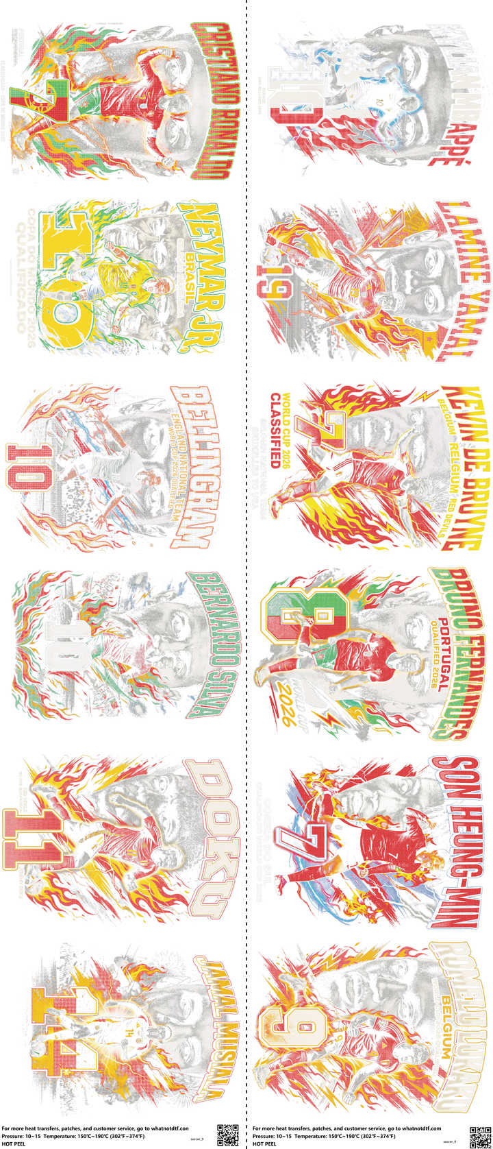 Soccer mixed-style heat transfer design set on a 23.5 by 53 inch sheet