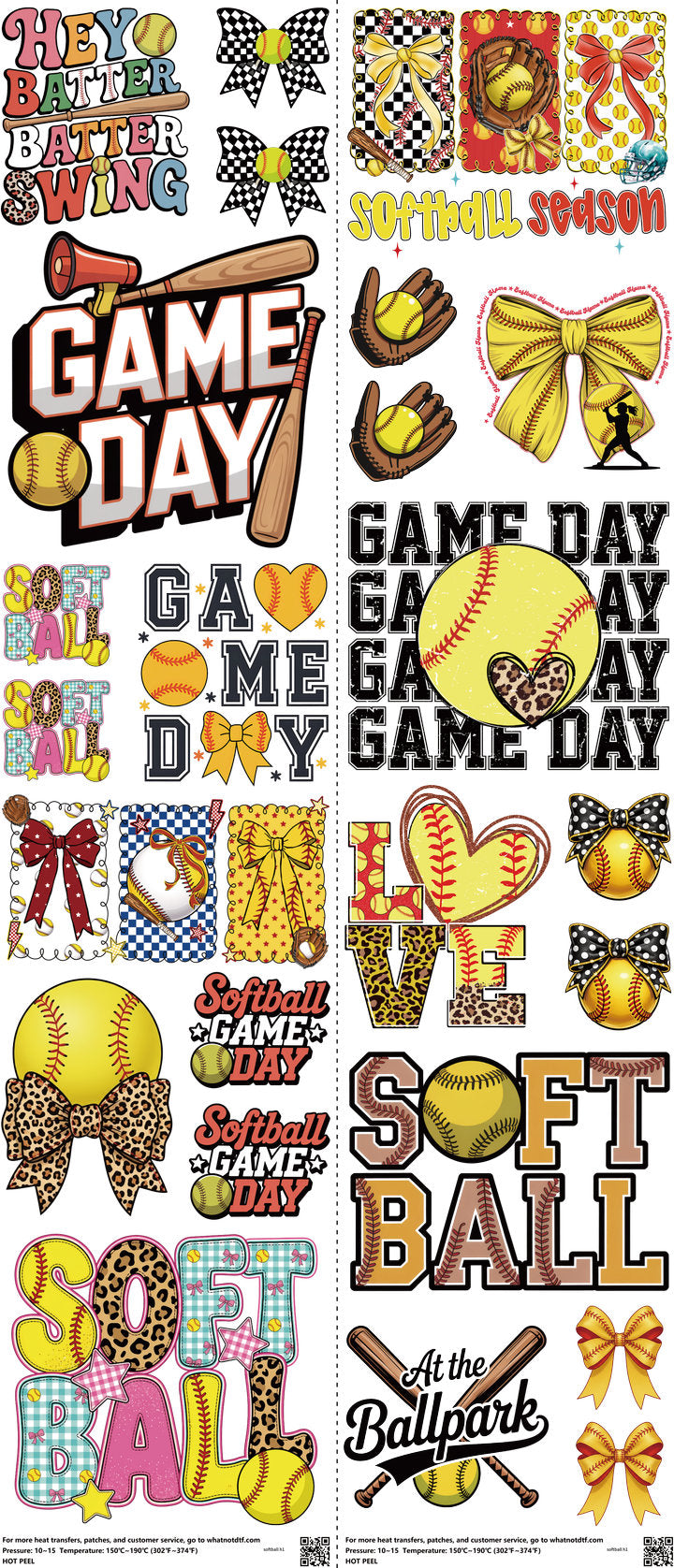 Softball mixed-style heat transfer design set on a 23.5 by 53 inch sheet