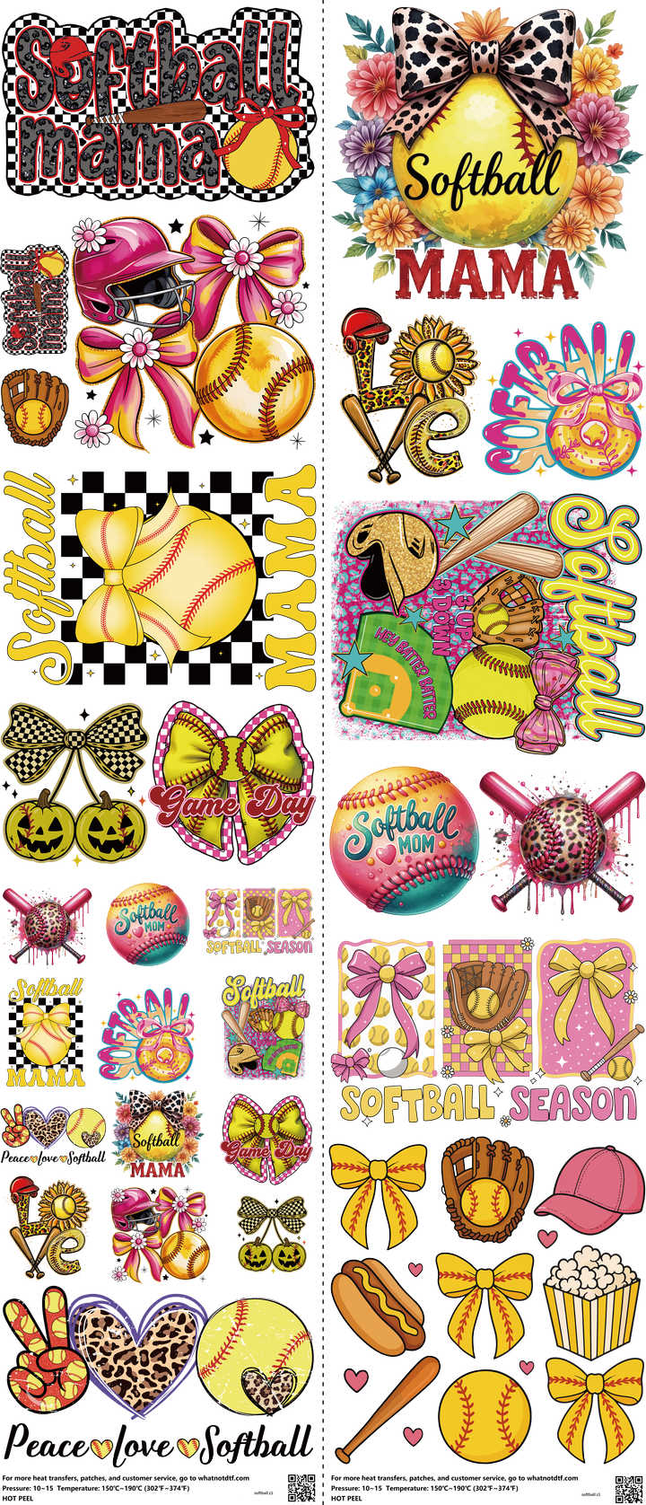 Softball mixed-style heat transfer design set on a 23.5 by 53 inch sheet