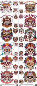 Sugar Skull mixed-style heat transfer design set on a 23.5 by 53 inch sheet