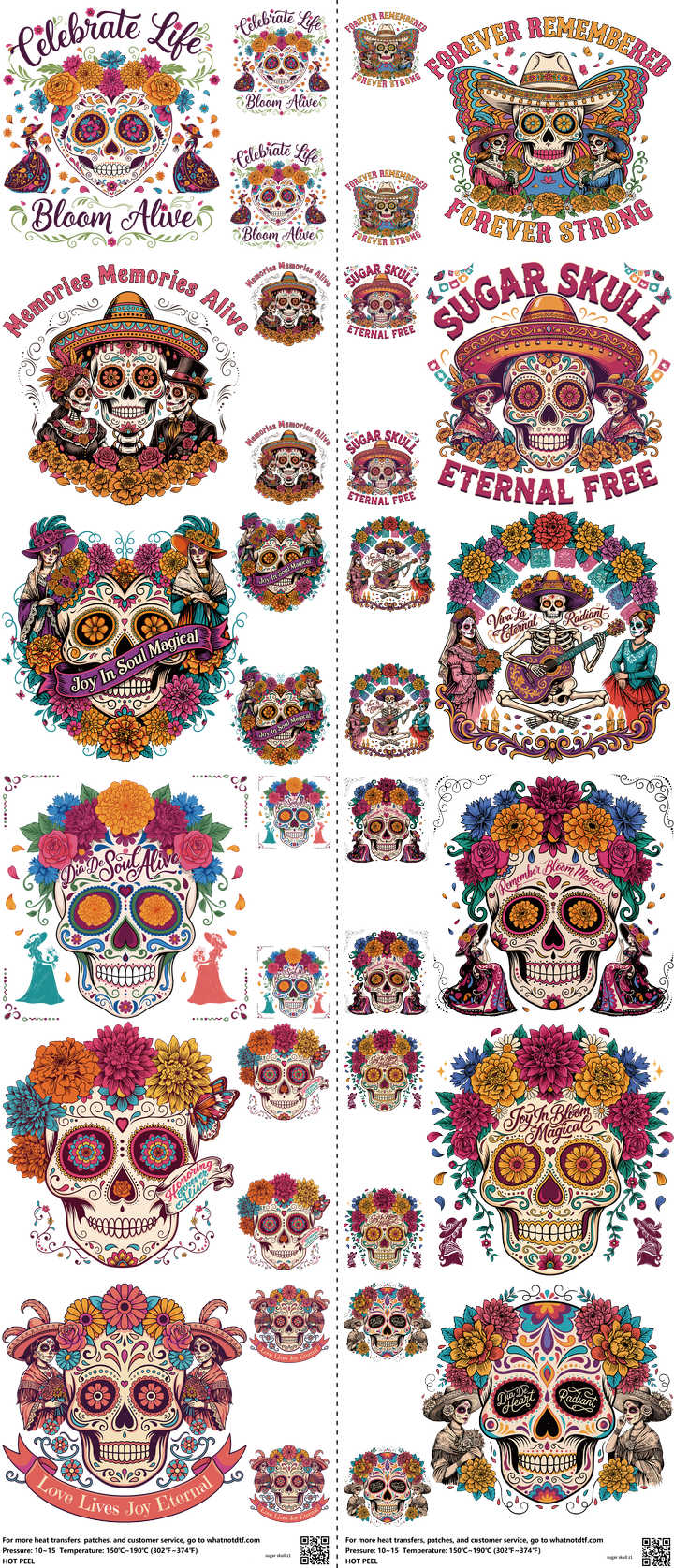 Sugar Skull mixed-style heat transfer design set on a 23.5 by 53 inch sheet